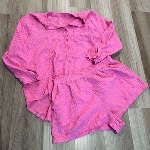 Aerie Pink Button-Up Top and Shorts Set